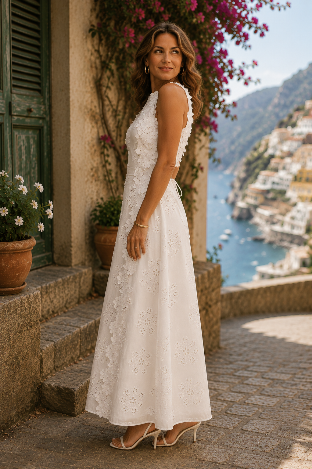Eyelet Lace Floral Appliqué Sleeveless A-Line Maxi Dress