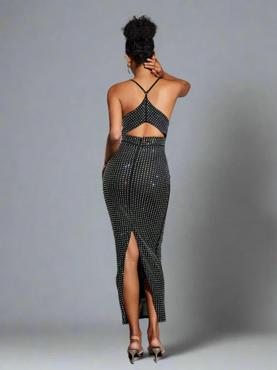 Sparkle Knit Halter Deep V-Neck Fitted Column Maxi Dress 14
