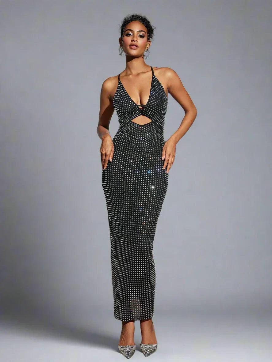 Sparkle Knit Halter Deep V-Neck Fitted Column Maxi Dress 9