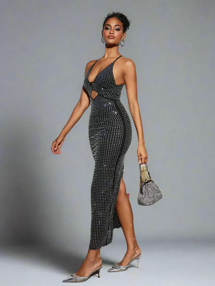 Sparkle Knit Halter Deep V-Neck Fitted Column Maxi Dress 12