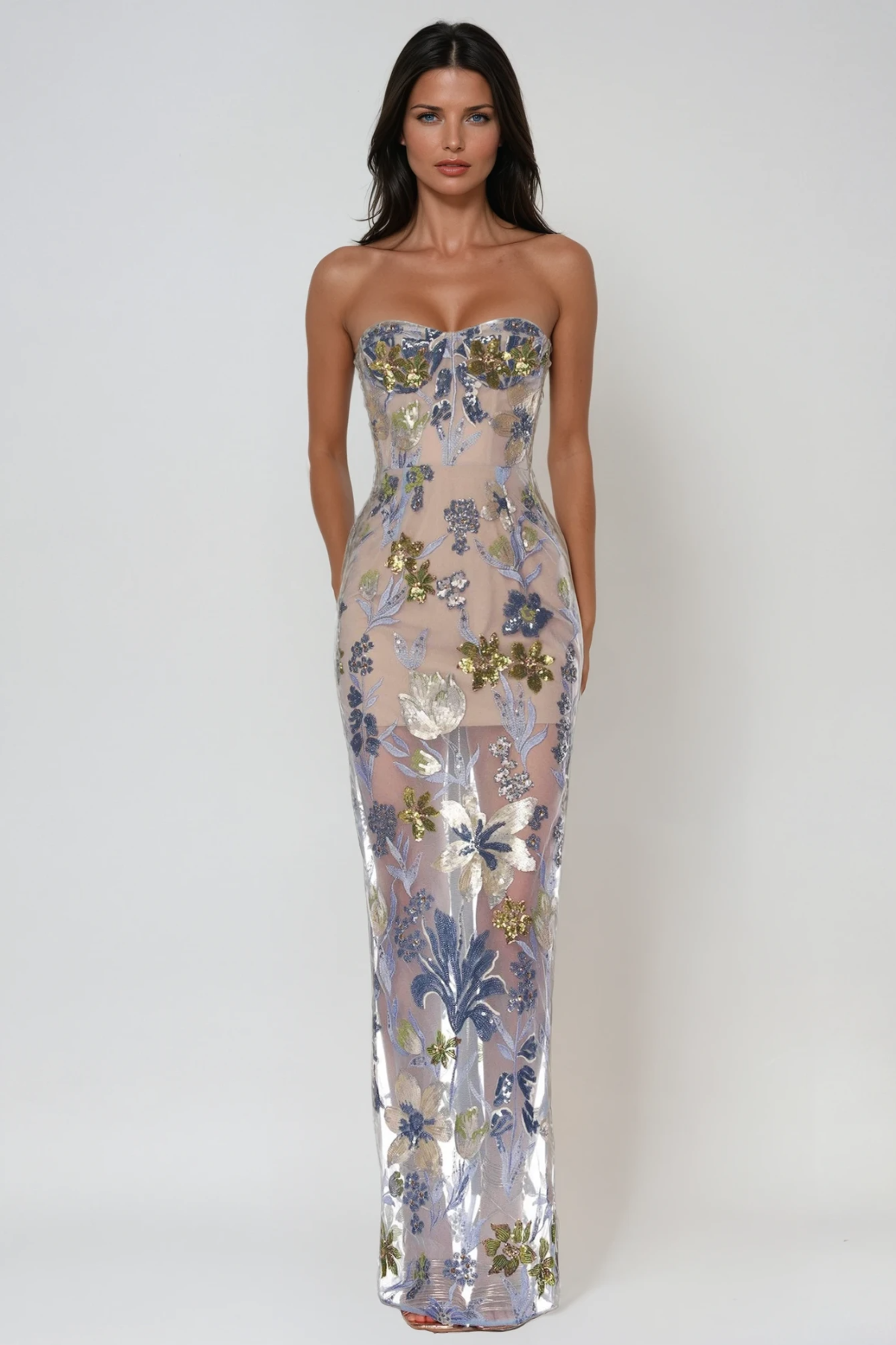 Strapless Sweetheart Floral Sequin Sheer Mesh Maxi Gown