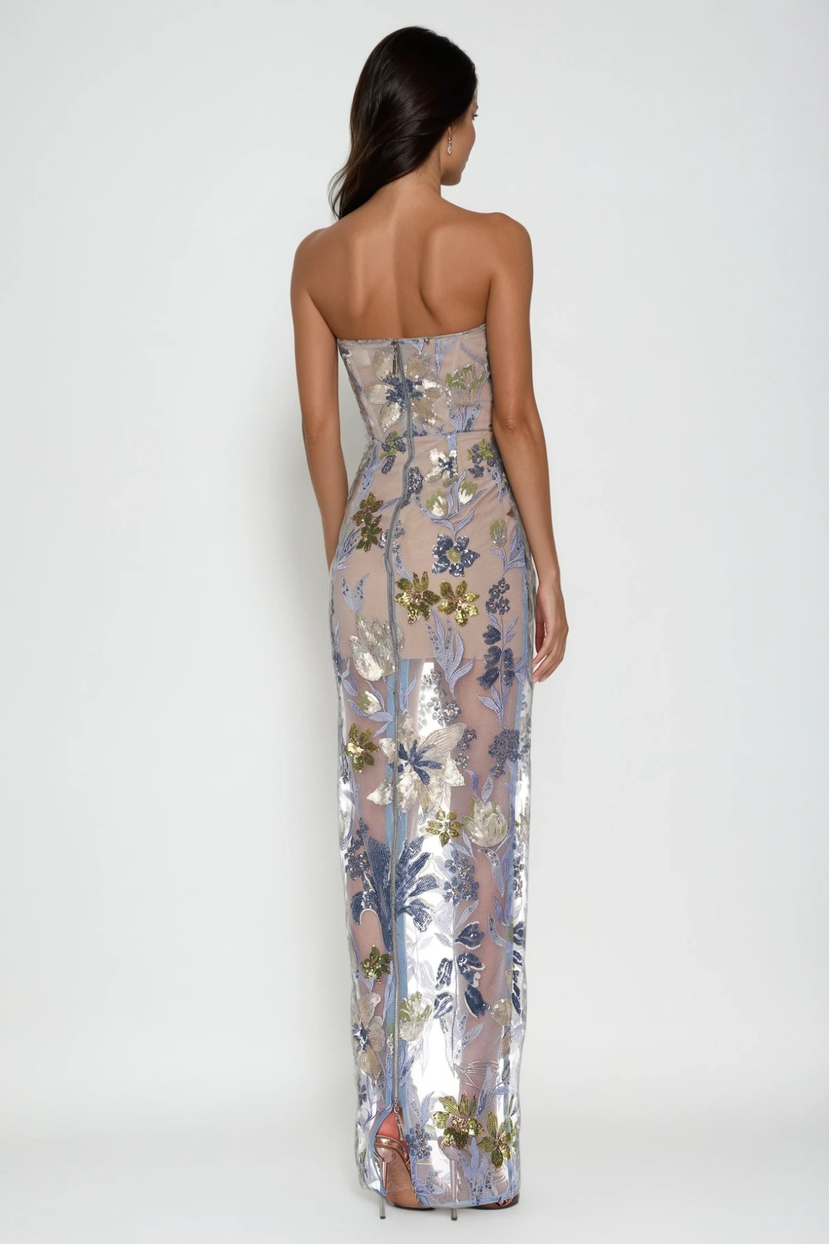 Strapless Sweetheart Floral Sequin Sheer Mesh Maxi Gown
