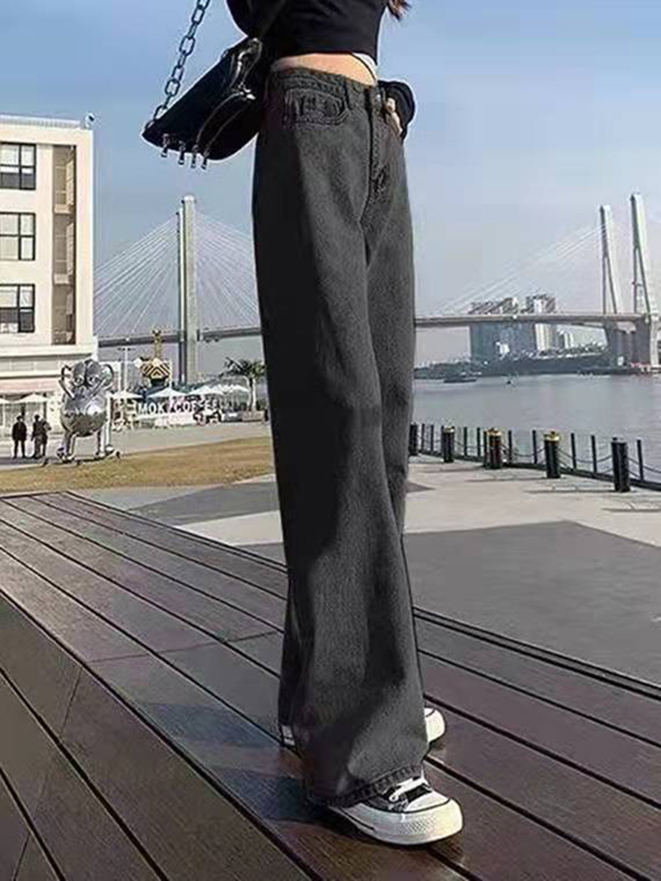 Denim high waisted loose slim solid straight leg trousers