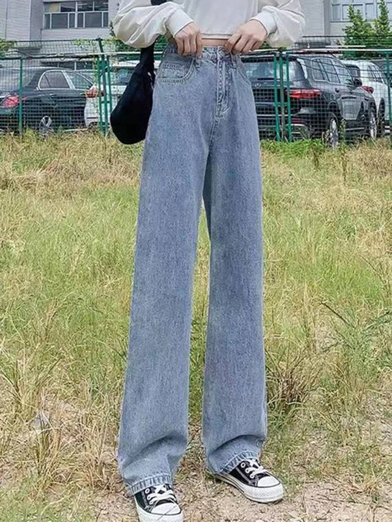 Denim high waisted loose slim solid straight leg trousers