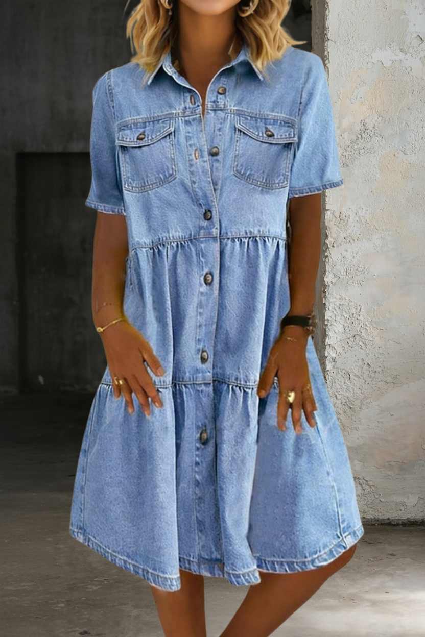 Short Sleeve Tiered Button Front Denim Shirt Dress