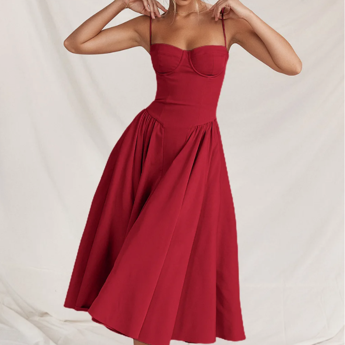 Spaghetti Strap Scoop Neck Pleated Waist Fit and Flare A-Line Midi Dress
