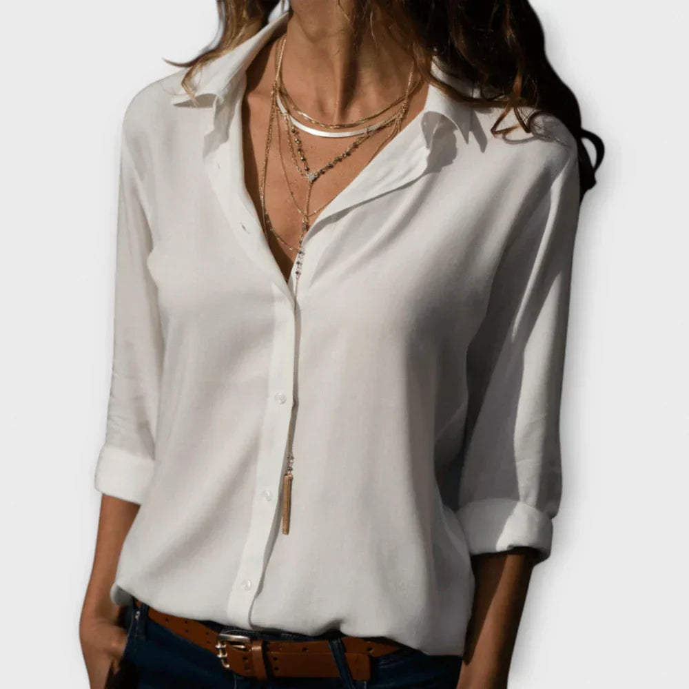 Collared Long Sleeve Button Front Satin Blouse