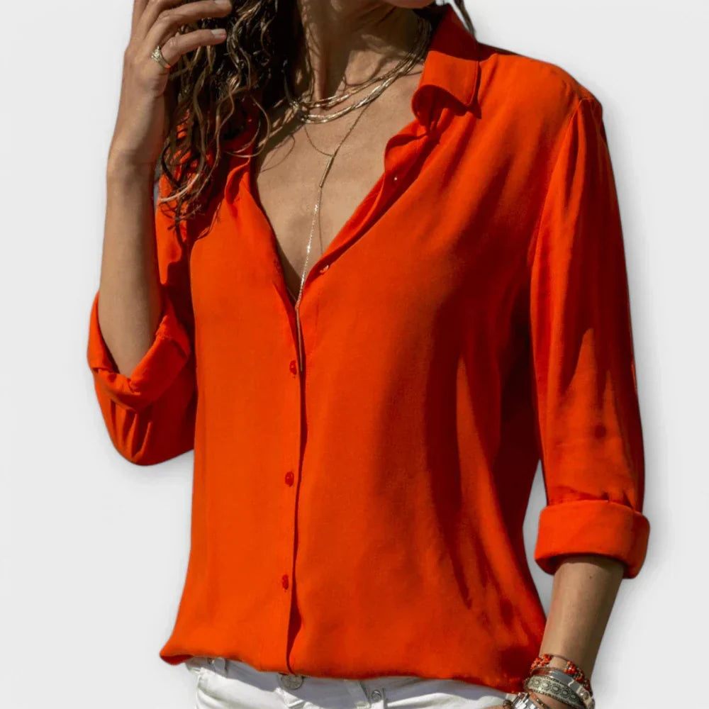 Collared Long Sleeve Button Front Satin Blouse