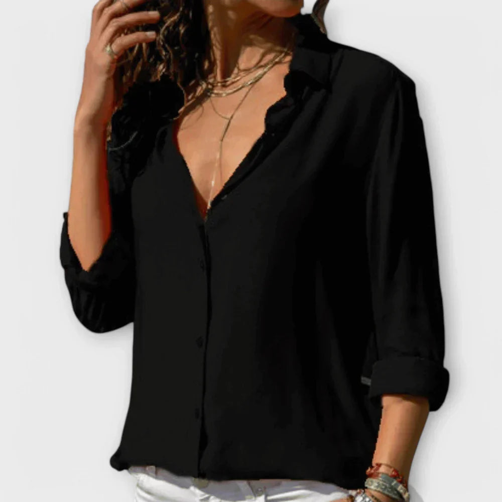Collared Long Sleeve Button Front Satin Blouse