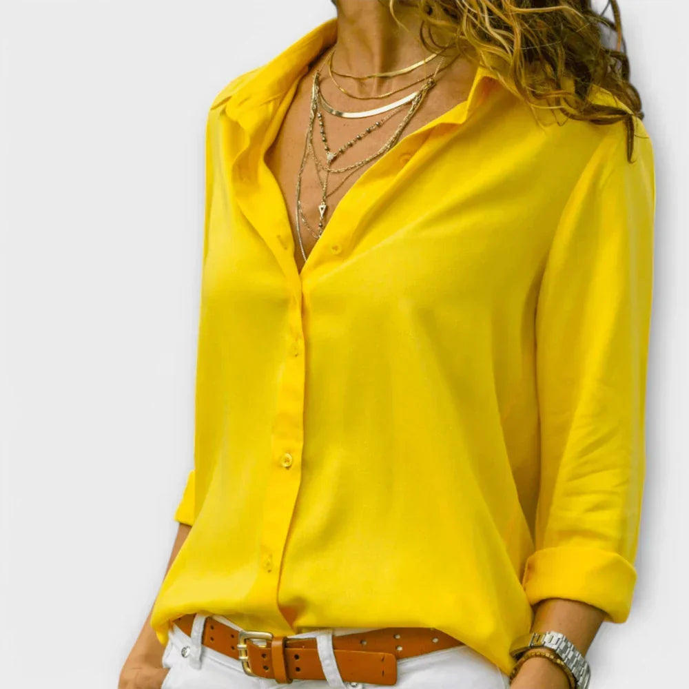 Collared Long Sleeve Button Front Satin Blouse