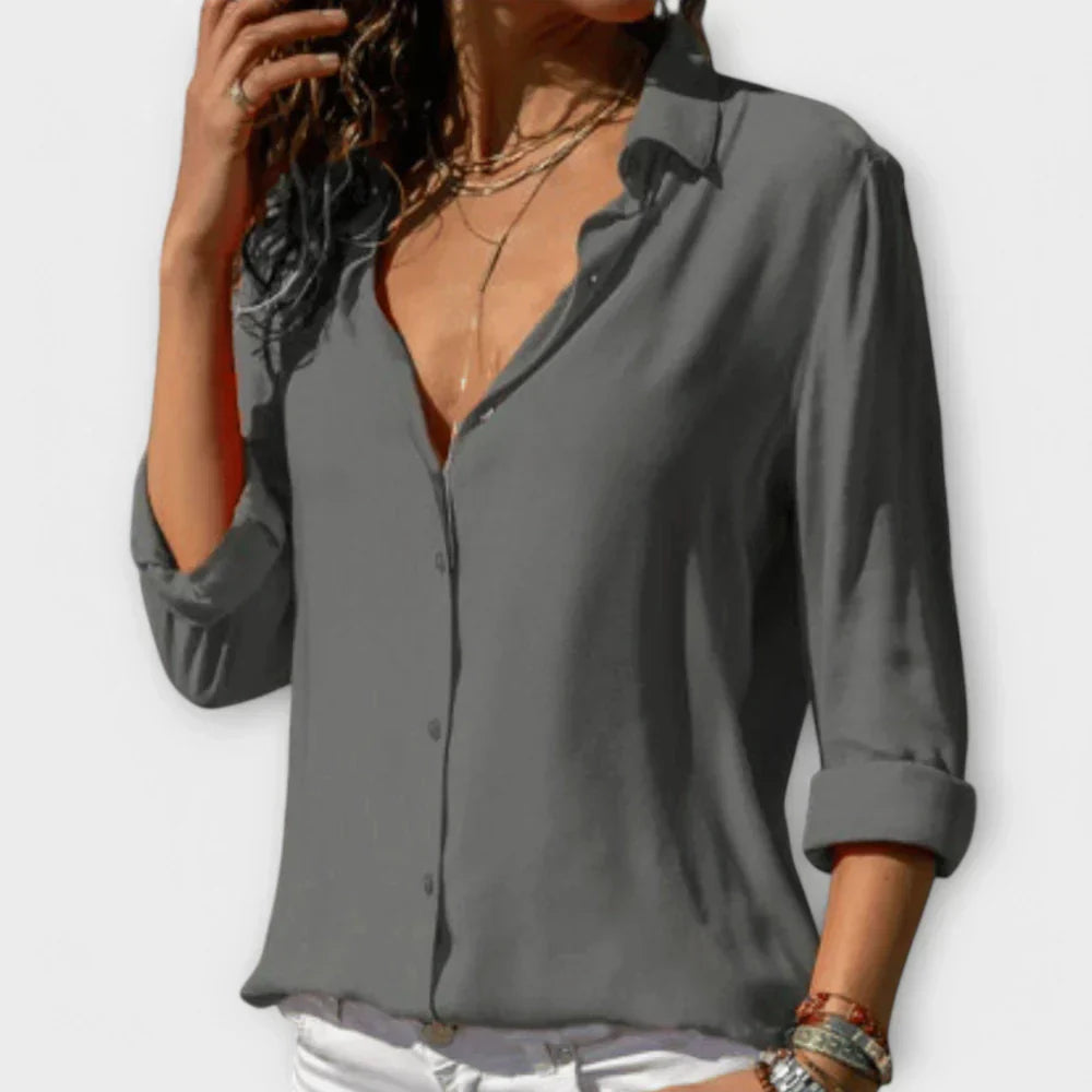 Collared Long Sleeve Button Front Satin Blouse