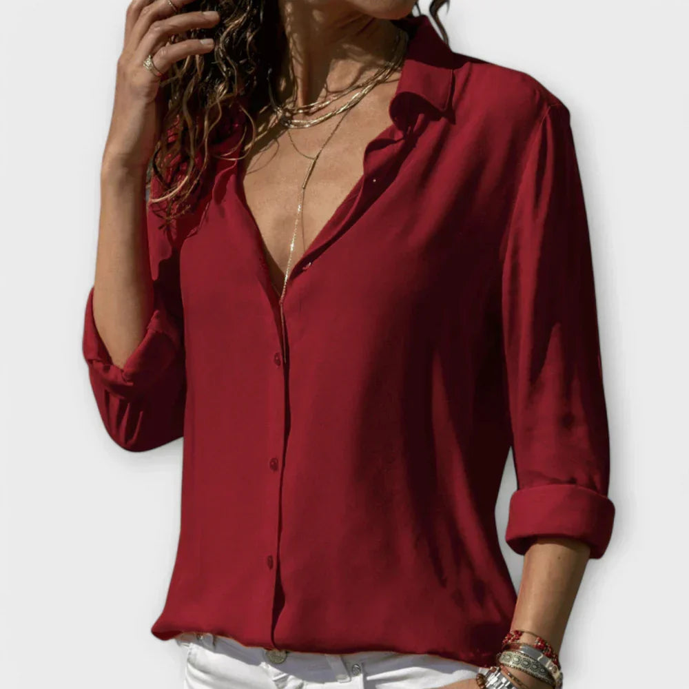 Collared Long Sleeve Button Front Satin Blouse