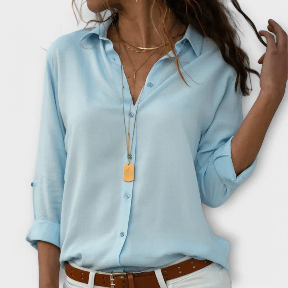 Collared Long Sleeve Button Front Satin Blouse