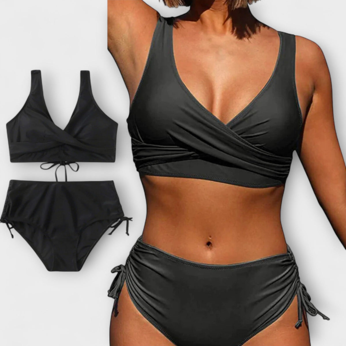 V-Neck Wrap Side Ruched Drawstring Bikini Set