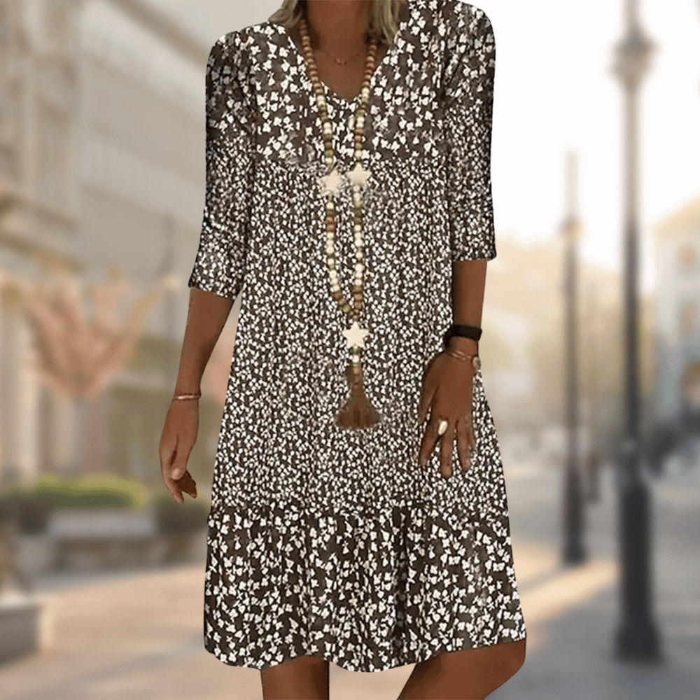 V-Neck Three Quarter Sleeve Tiered Ruffle Hem Shift Midi Dress
