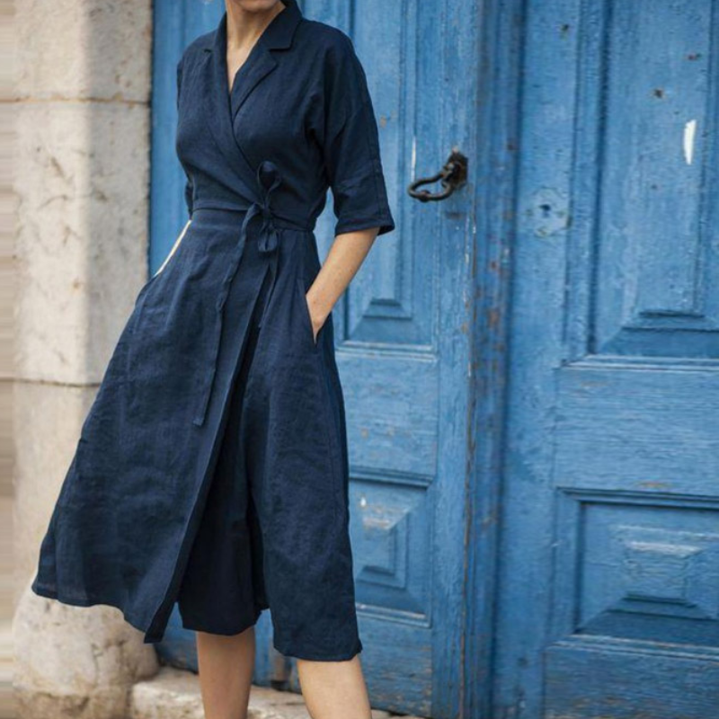 Shirt Collar Elbow Sleeve Tie Waist A-Line Midi Dress