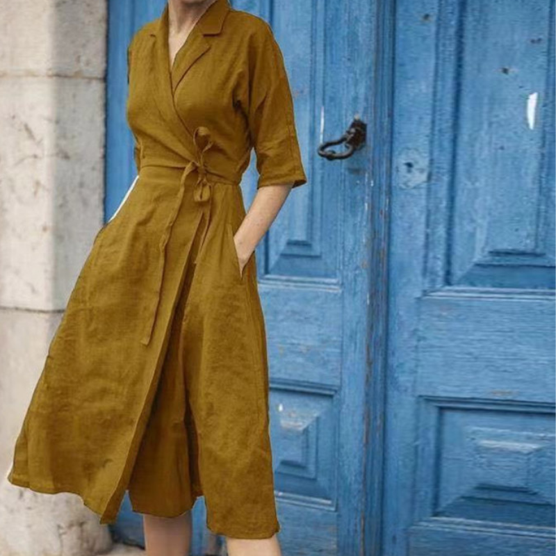 Shirt Collar Elbow Sleeve Tie Waist A-Line Midi Dress