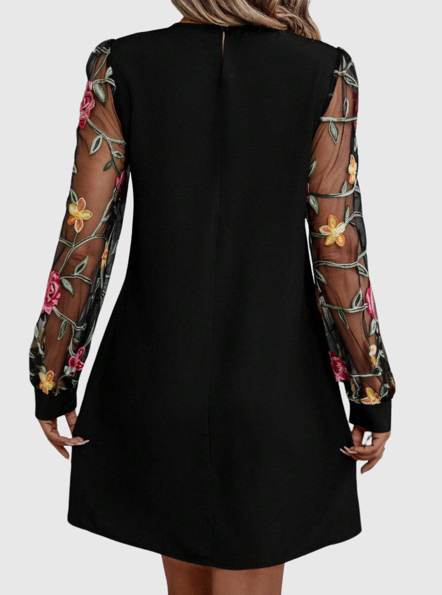 Keyhole Neck Floral Embroidered Mesh Sleeve Shift Mini Dress