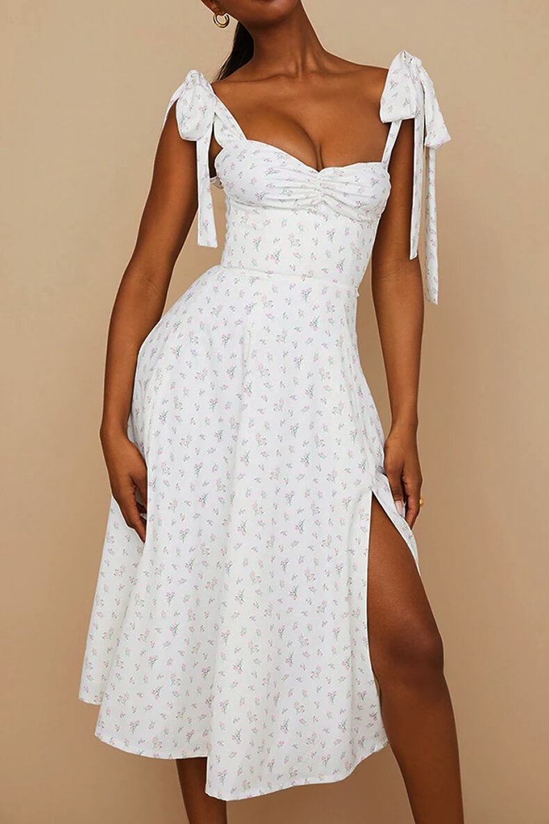 Chic Yolaina Pretty Midi Dress with Straps and Slit Silhouette Collection