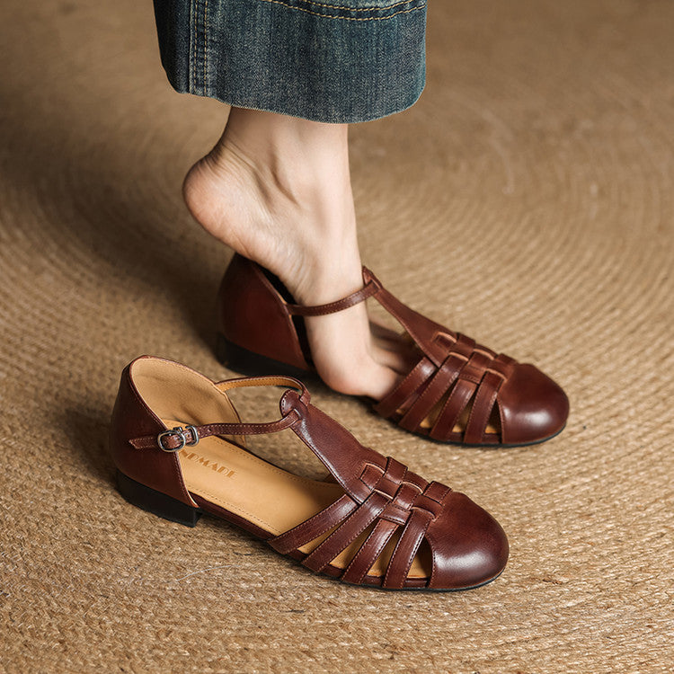 Closed Toe Woven Strap Ankle Buckle Block Heel Sandals