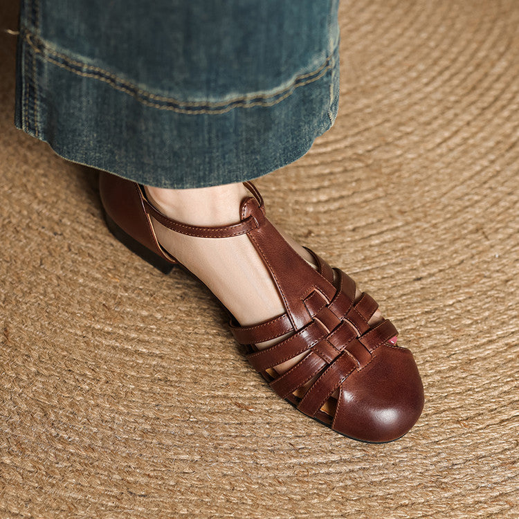 Closed Toe Woven Strap Ankle Buckle Block Heel Sandals