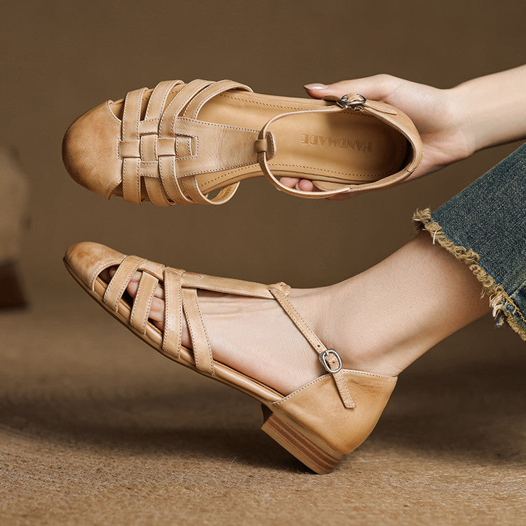 Closed Toe Woven Cage Strap Low Block Heel Sandals