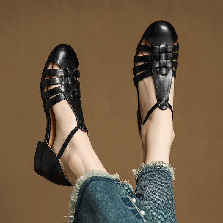 Closed Toe Woven Cage Strap Low Block Heel Sandals
