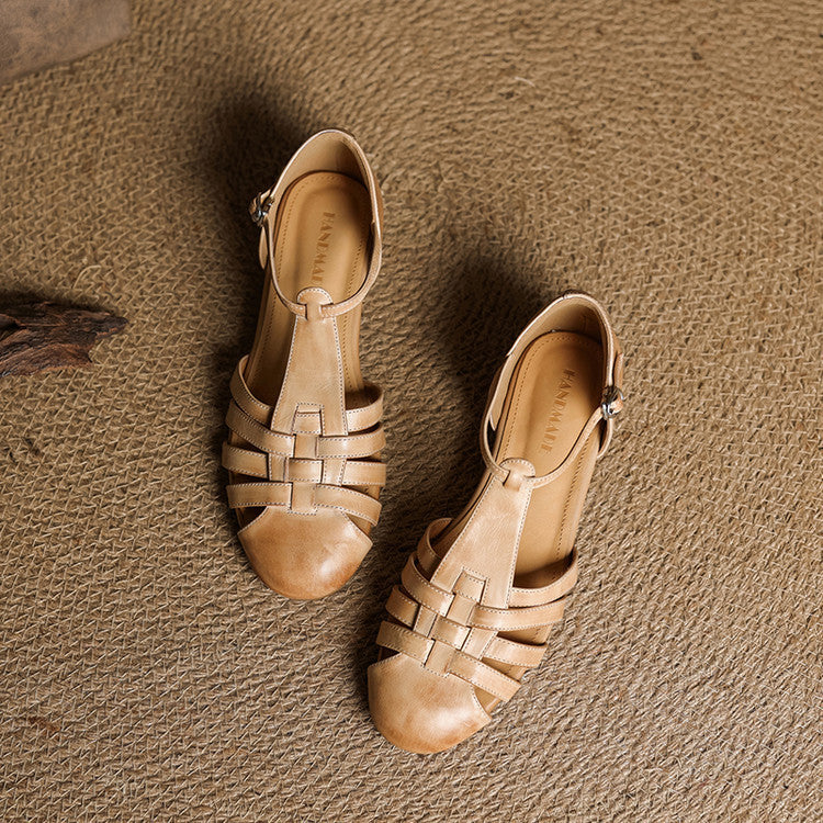 Closed Toe Woven Cage Strap Low Block Heel Sandals