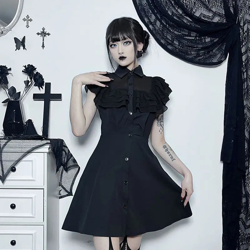 Gothic Ruffled Mesh Splicing A-Line Black Dress
