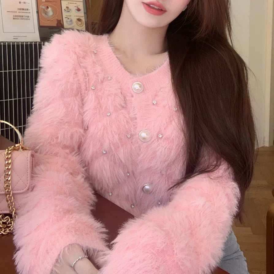 Fuzzy Knit Round Neck Rhinestone Faux Pearl Button Cropped Cardigan