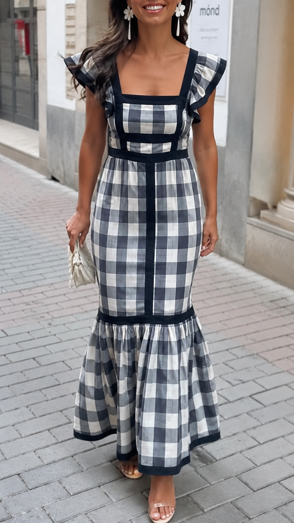 Gingham Square Neck Ruffle Strap Mermaid Maxi Dress