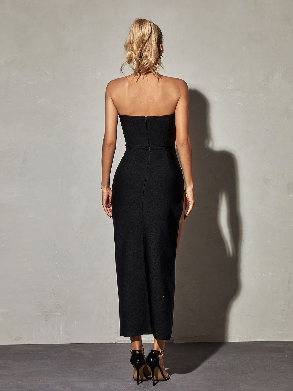 Strapless Deep V-Neck Crystal Embellished High Split Bandage Maxi Dress