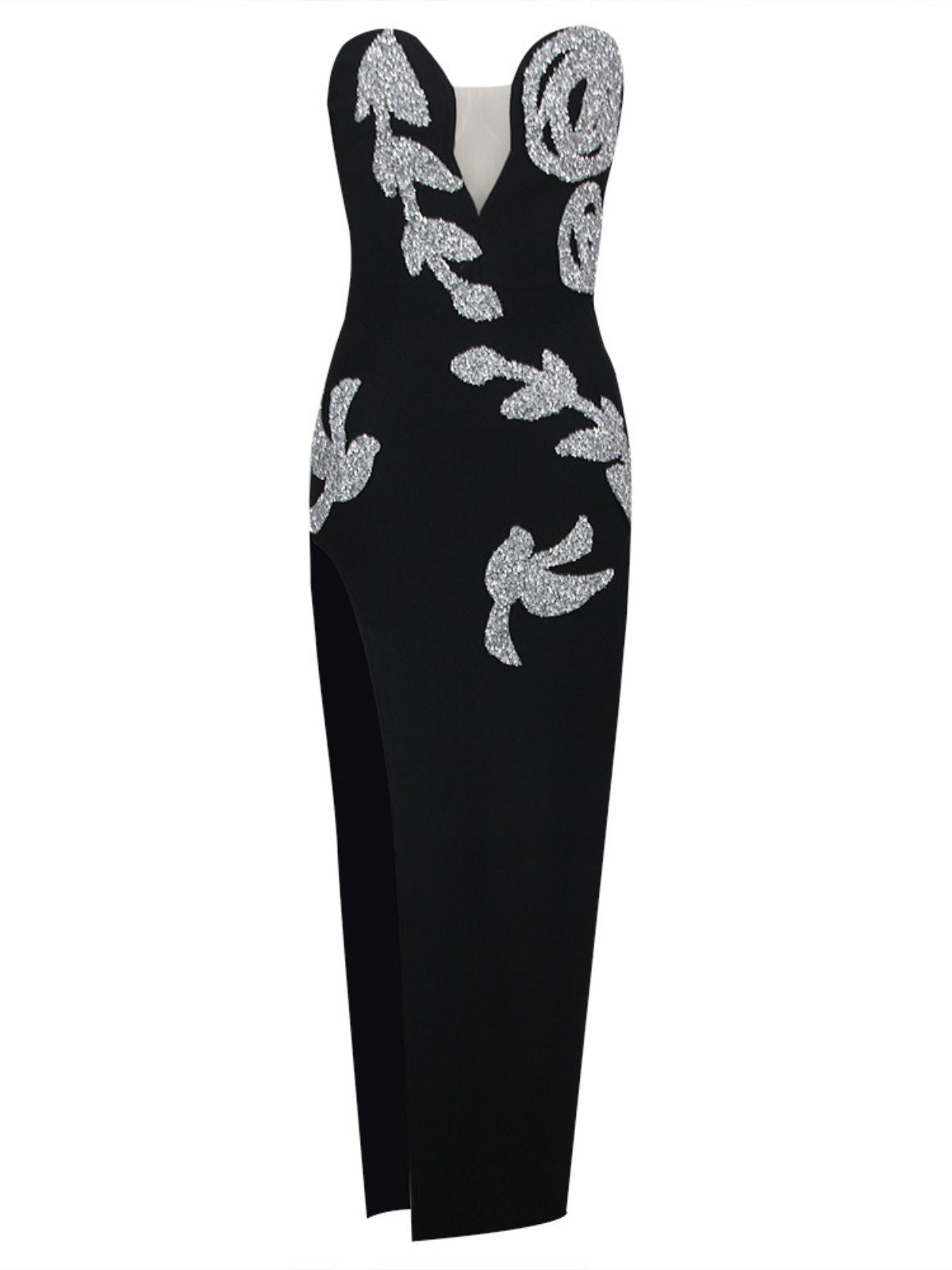 Strapless Deep V-Neck Crystal Embellished High Split Bandage Maxi Dress