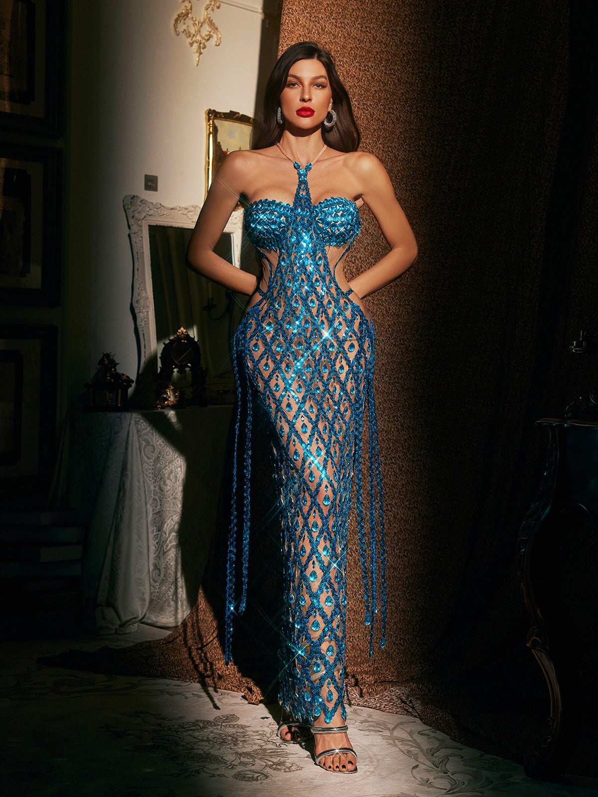 Halterneck Embellished Mesh Maxi Dress In Blue