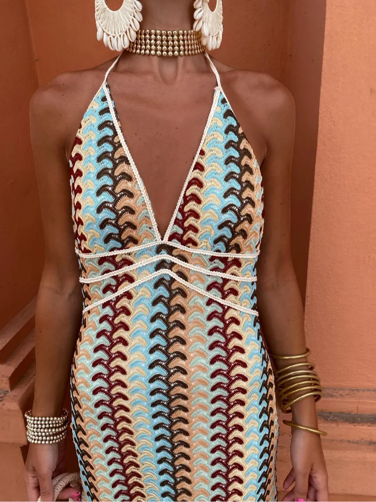 Crochet Knit Halter Neck Deep V-Neck Cord Trim Bodycon Midi Dress