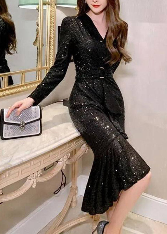 Sequin Deep V-Neck Long Sleeve Belted Mermaid Ruffle Hem Midi Dress