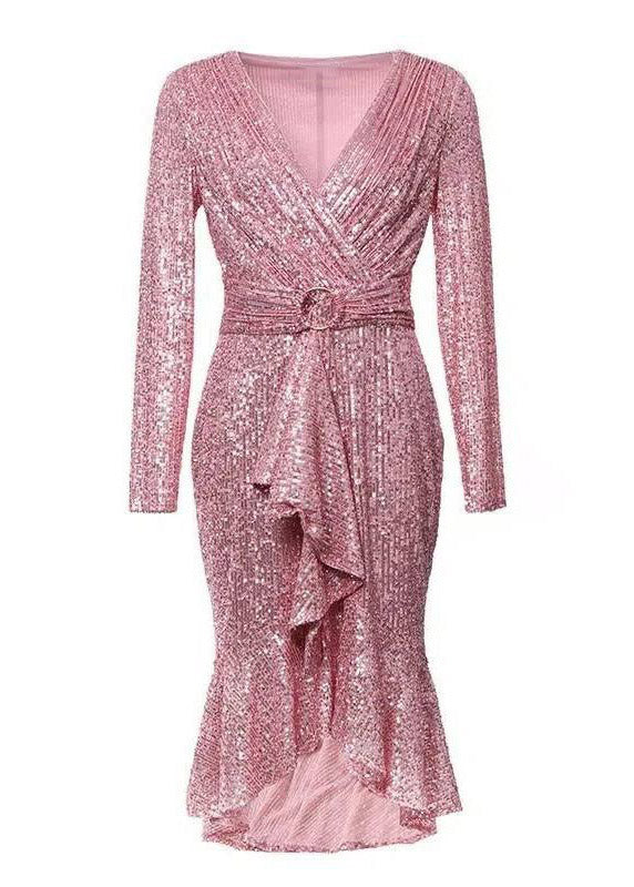 Sequin Deep V-Neck Long Sleeve Belted Mermaid Ruffle Hem Midi Dress