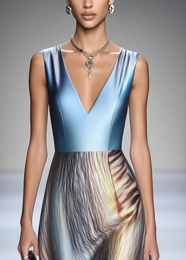Satin Sleeveless V-Neck Metallic Bodice Abstract Print Midi Dress