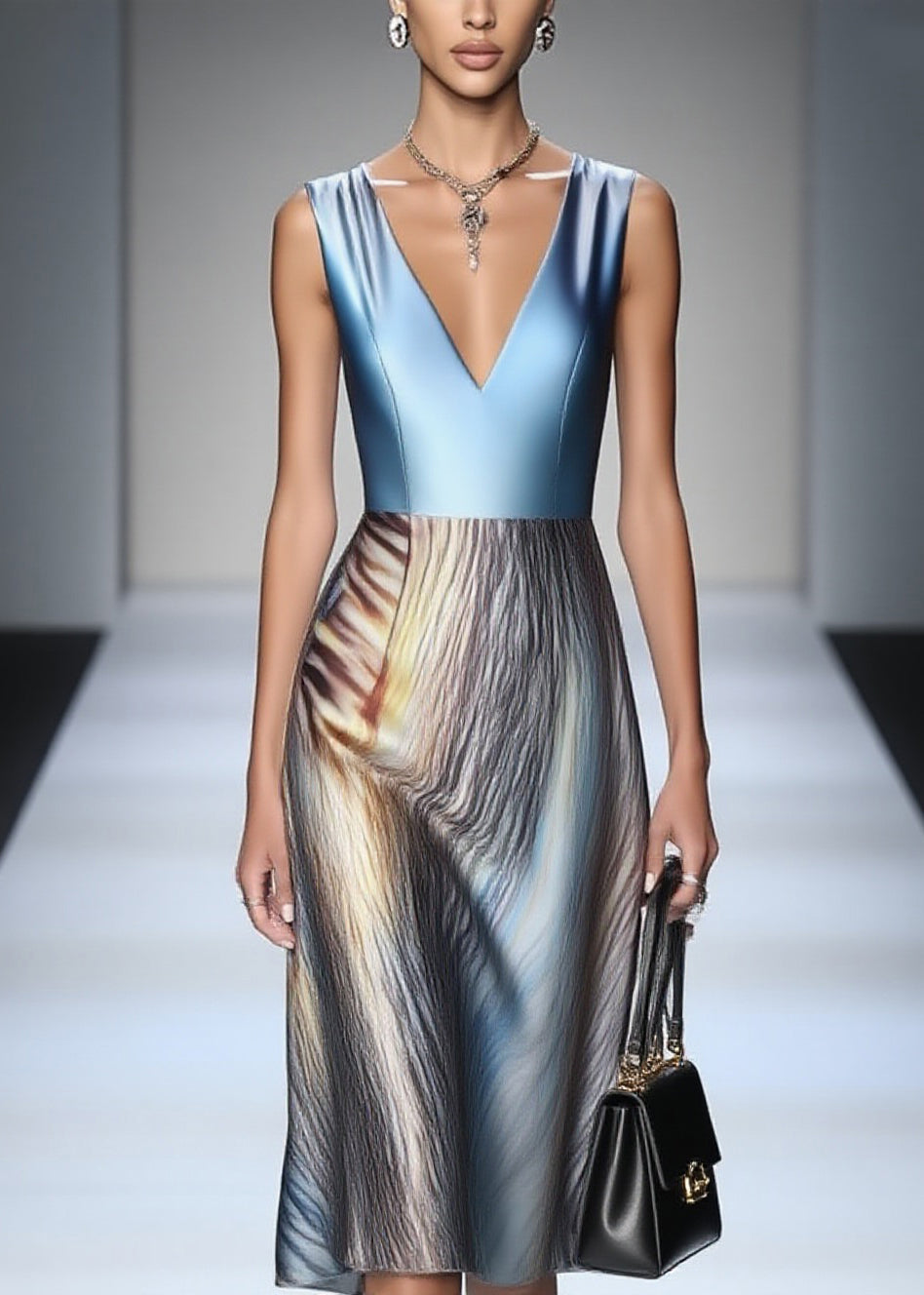 Satin Sleeveless V-Neck Metallic Bodice Abstract Print Midi Dress