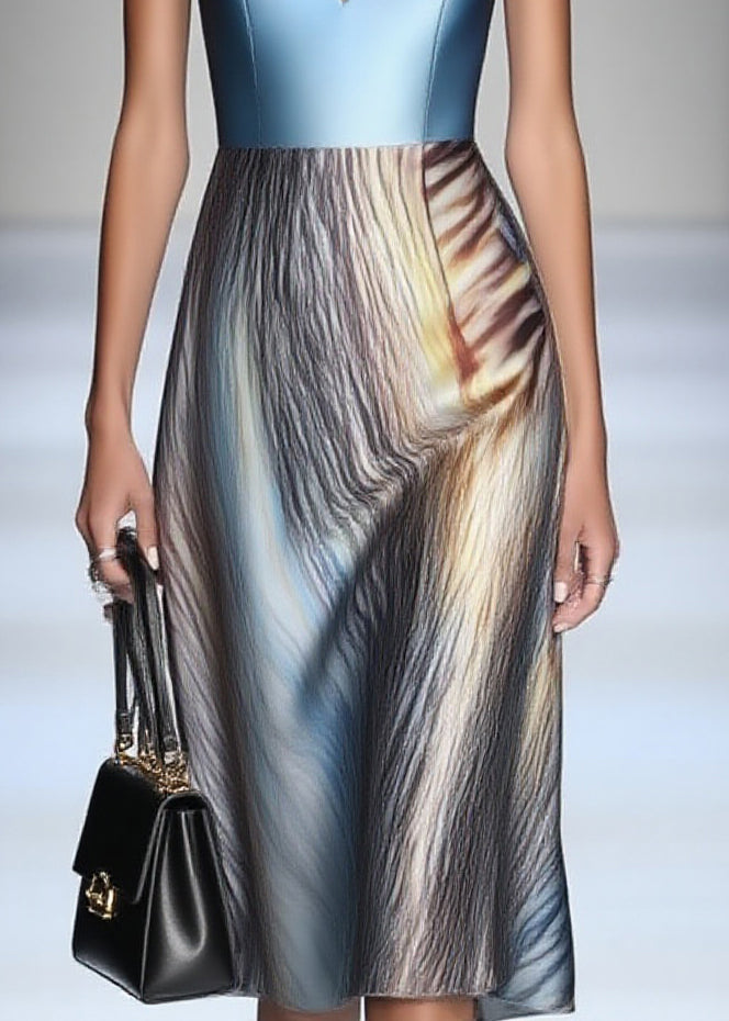 Satin Sleeveless V-Neck Metallic Bodice Abstract Print Midi Dress