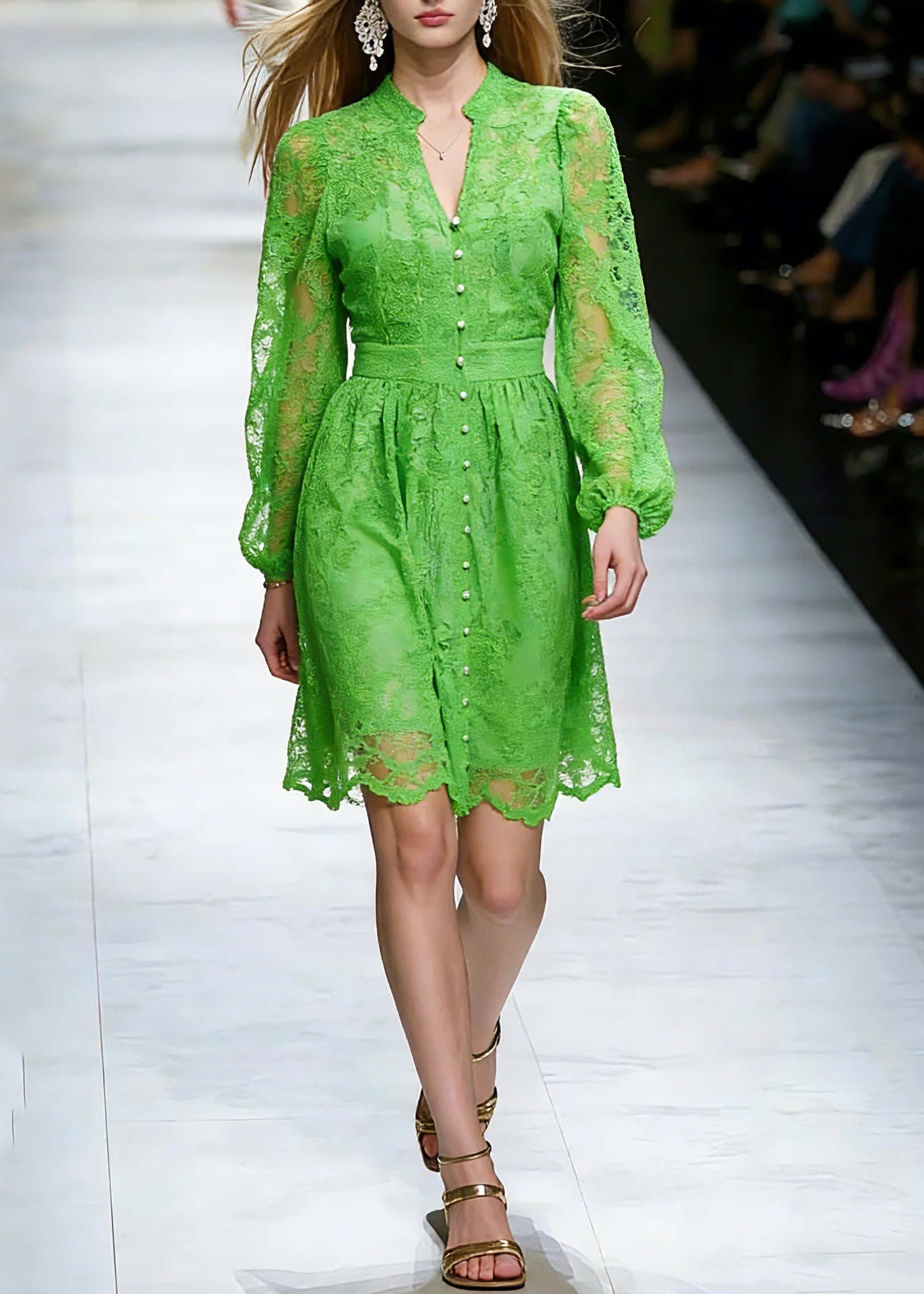 Lace V-Neck Mandarin Collar Bishop Sleeve Button Front Midi Dress