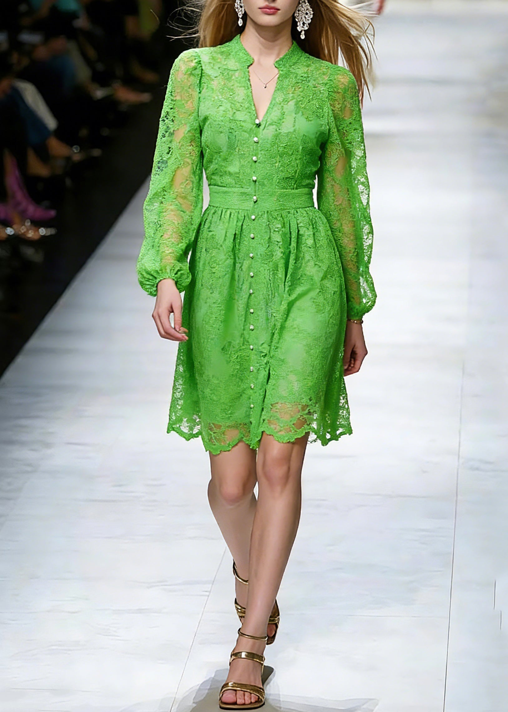 Lace V-Neck Mandarin Collar Bishop Sleeve Button Front Midi Dress