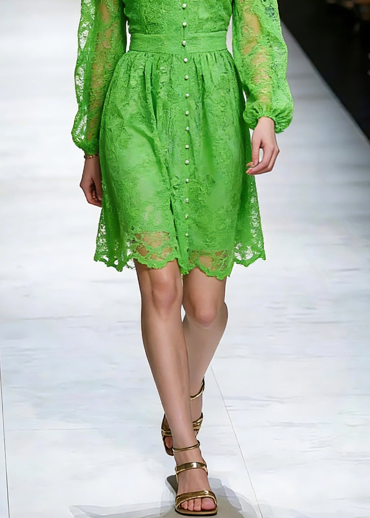 Lace V-Neck Mandarin Collar Bishop Sleeve Button Front Midi Dress