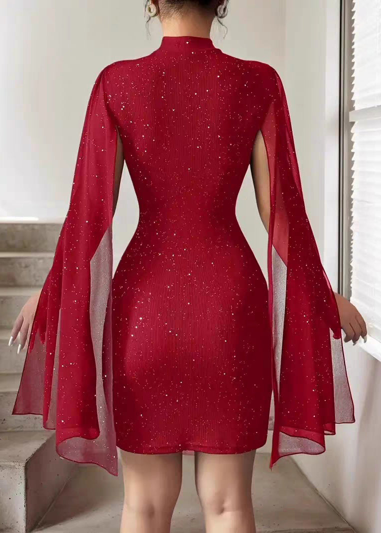 Dinner Red Stand Collar Sequins Patchwork Vacation Mid Cape Dresses Summer