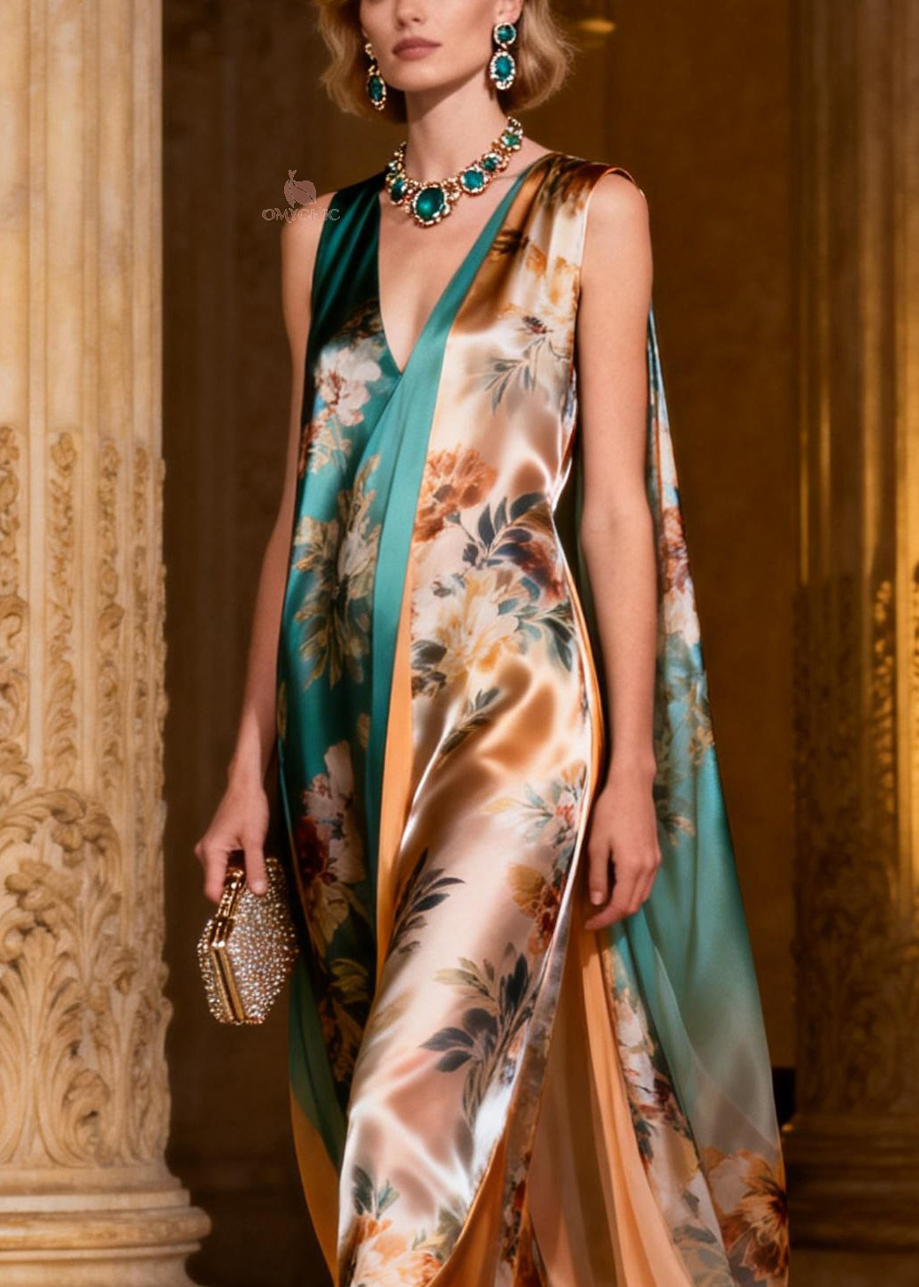 Satin Floral Print Deep V-Neck Draped Cape Panel Sleeveless Maxi Gown