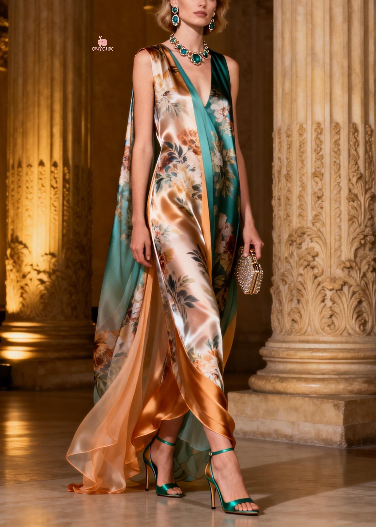 Satin Floral Print Deep V-Neck Draped Cape Panel Sleeveless Maxi Gown
