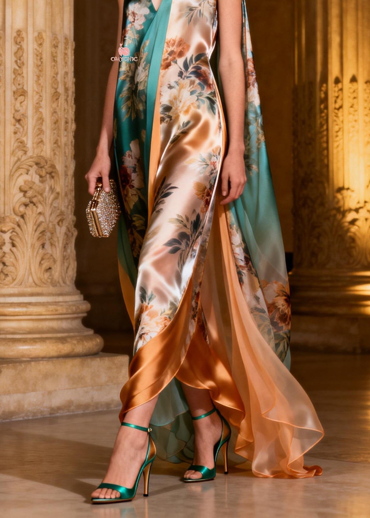 Satin Floral Print Deep V-Neck Draped Cape Panel Sleeveless Maxi Gown