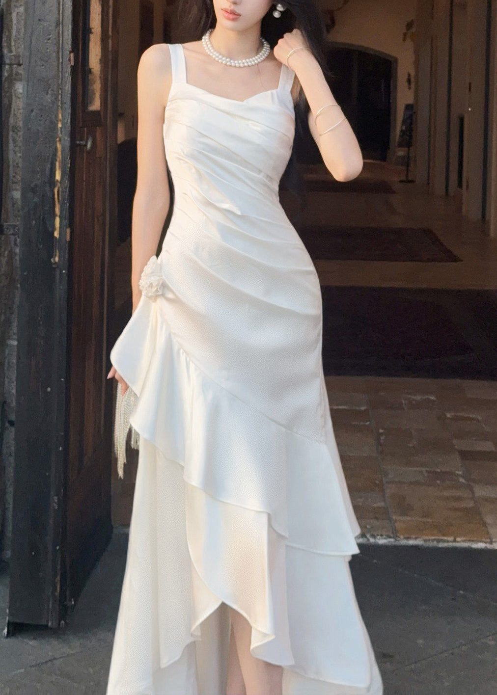 Satin Wide Strap Sweetheart Ruched Rose Applique Tiered Ruffle High Low Gown