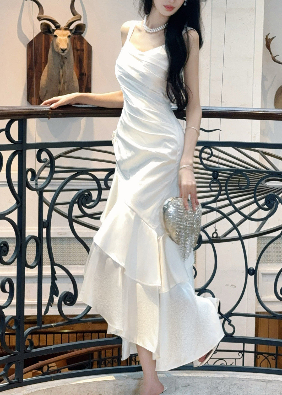 Satin Wide Strap Sweetheart Ruched Rose Applique Tiered Ruffle High Low Gown