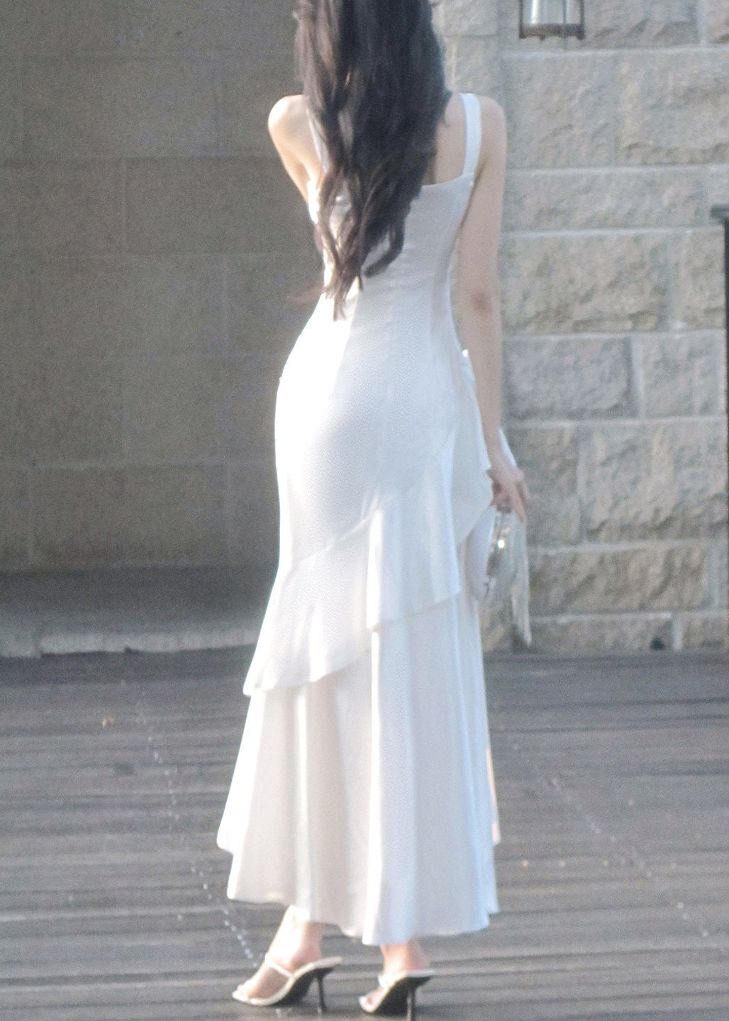 Satin Wide Strap Sweetheart Ruched Rose Applique Tiered Ruffle High Low Gown